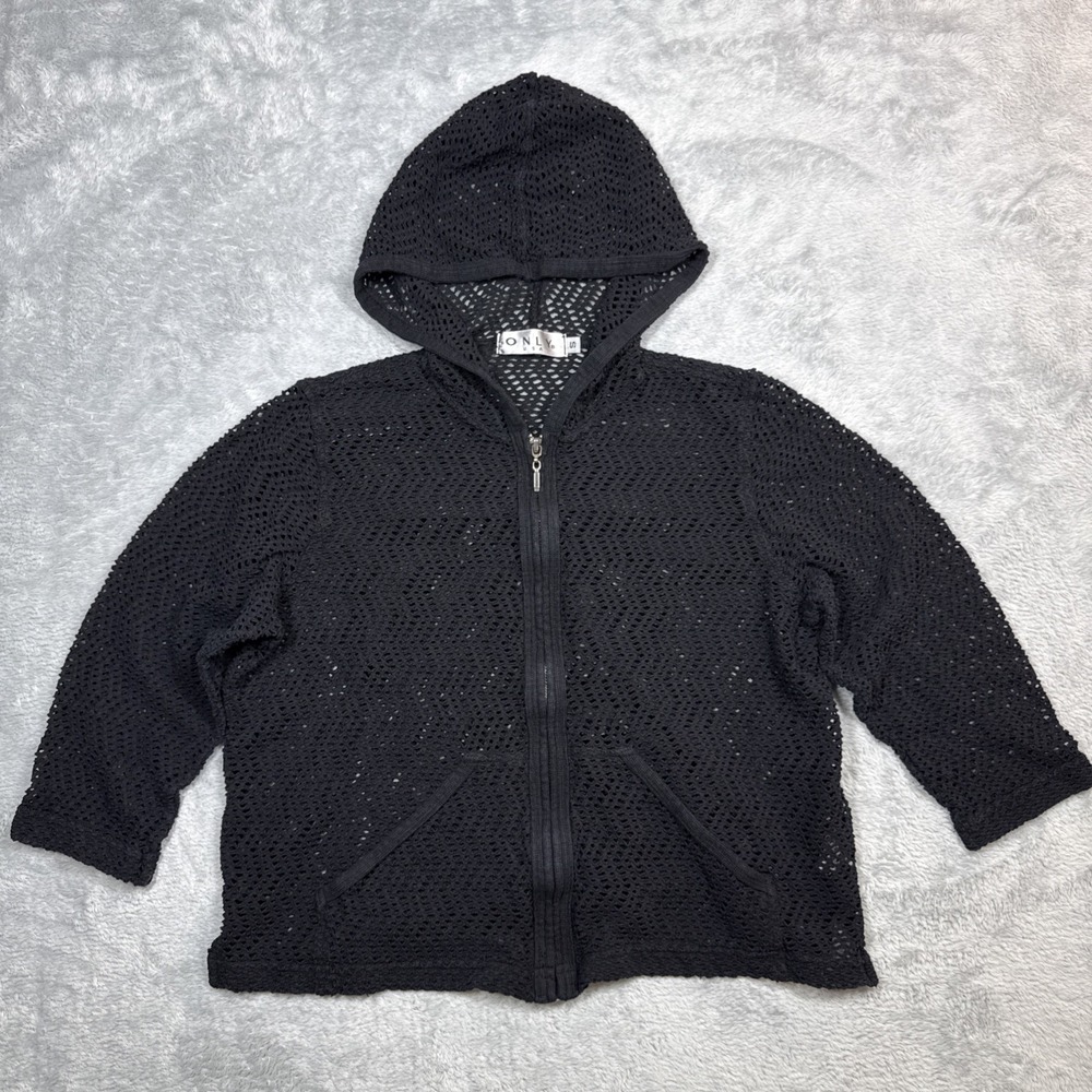 Vintage Only USA Hoodie Women Small Black Mesh Net 3/4 Sleeve Full‎ Zip Grunge